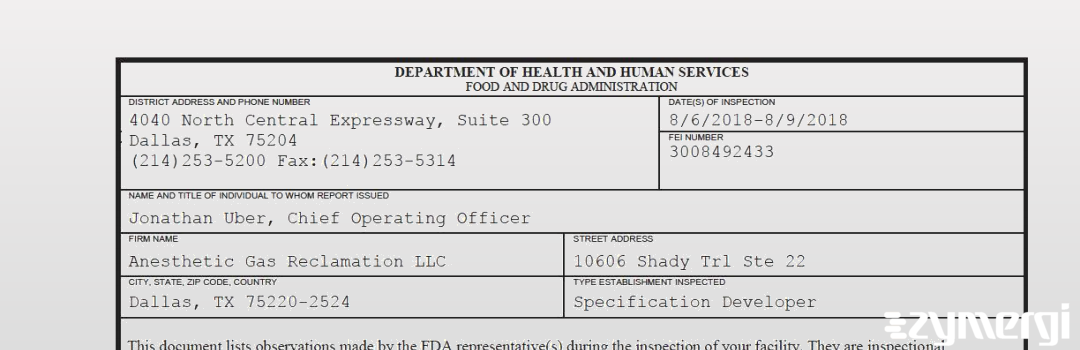 FDANews 483 Anesthetic Gas Reclamation LLC Aug 9 2018 top