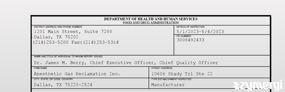 FDANews 483 Anesthetic Gas Reclamation Inc. May 4 2023 top