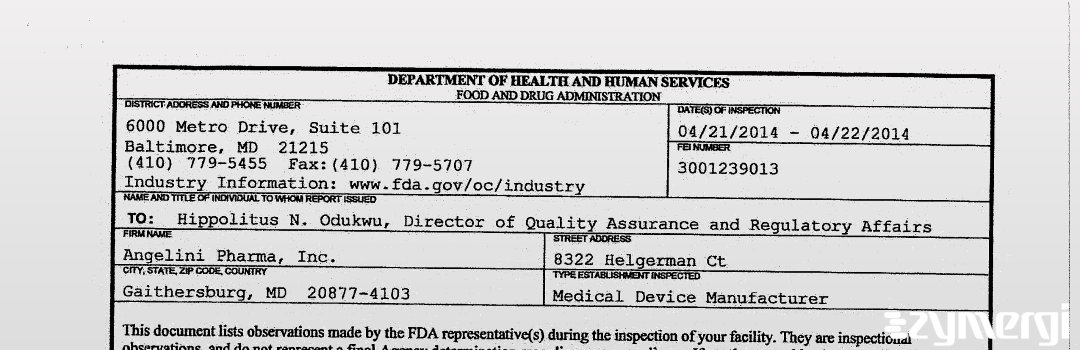 FDAzilla 483 Angelini Pharma, Inc. Apr 22 2014 top