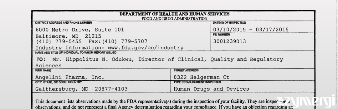 FDANews 483 Angelini Pharma, Inc. Mar 17 2015 top