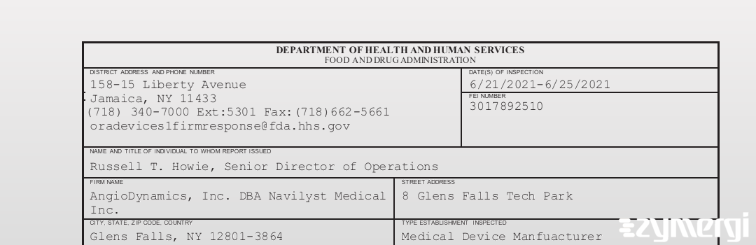 FDANews 483 AngioDynamics, Inc. DBA Navilyst Medical Inc. Jun 25 2021 top