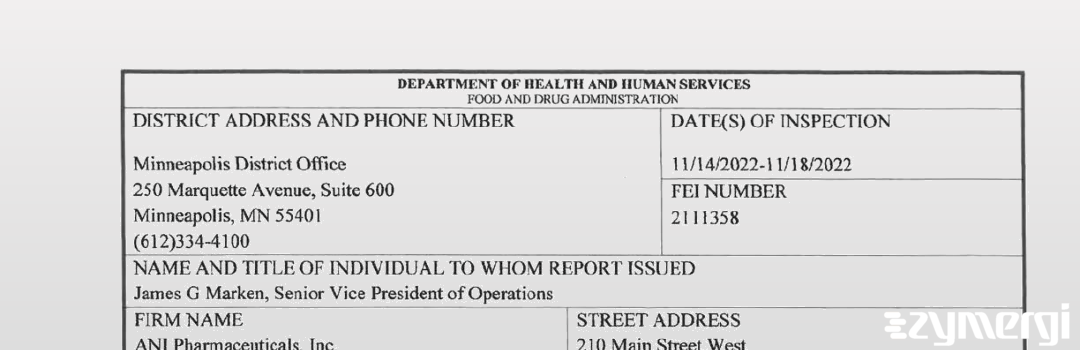 FDANews 483 ANI Pharmaceuticals, Inc. Nov 18 2022 top