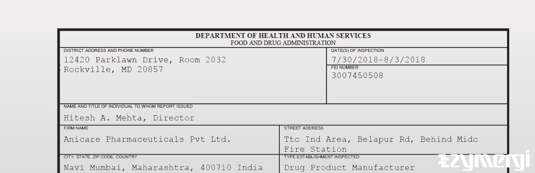 FDANews 483 Anicare Pharmaceuticals Pvt Ltd. Aug 3 2018 top