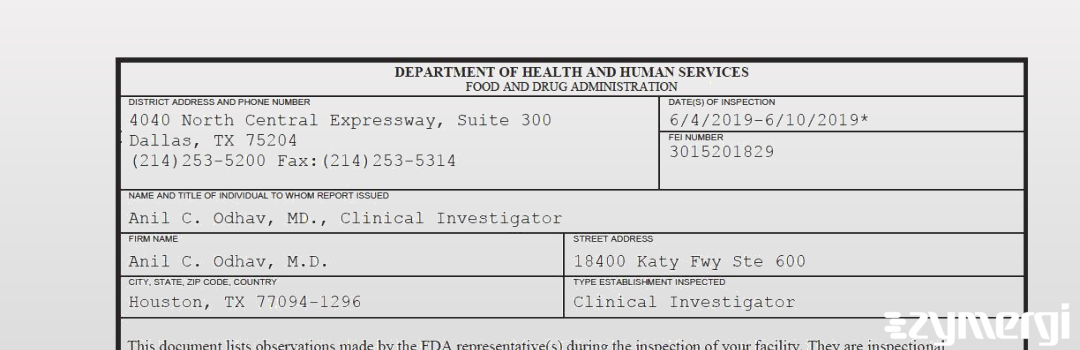 FDANews 483 Anil C. Odhav, M.D. Jun 10 2019 top