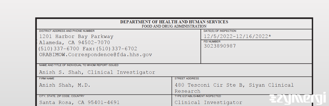 FDANews 483 Anish Shah, M.D. Dec 16 2022 top