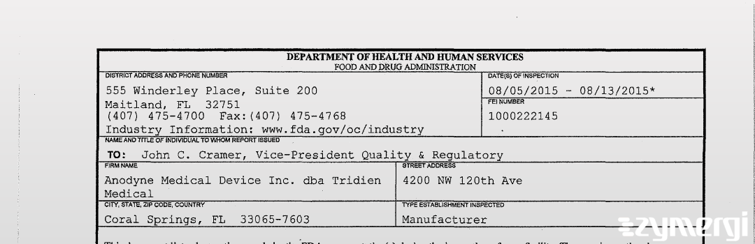 FDANews 483 Anodyne Medical Device Inc. dba Tridien Medical Aug 13 2015 top