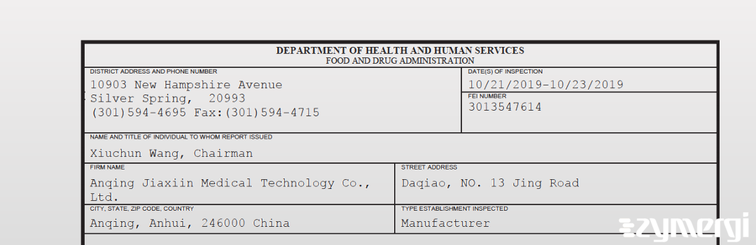 FDANews 483 Anqing Jiaxiin Medical Technology Co., Ltd. Oct 23 2019 top