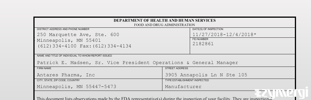 FDANews 483 Antares Pharma Inc. Dec 4 2018 top