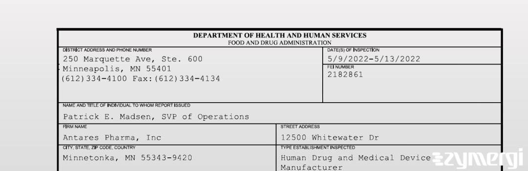 FDANews 483 Antares Pharma Inc. May 13 2022 top