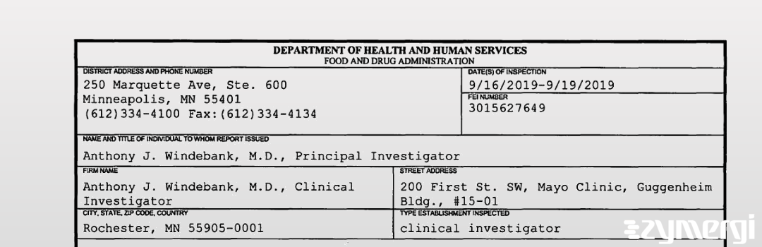 FDANews 483 Anthony J. Windebank, M.D., Clinical Investigator Sep 19 2019 top