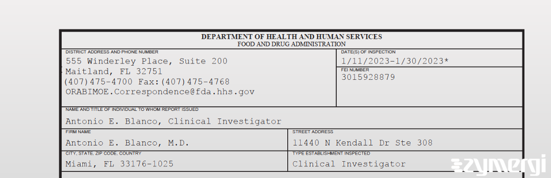 FDANews 483 Antonio E. Blanco, M.D. Jan 30 2023 top