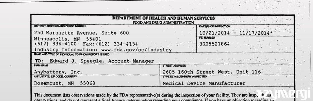 FDANews 483 Anybattery, Inc. Nov 17 2014 top