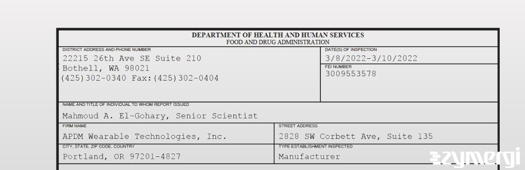 FDANews 483 APDM Wearable Technologies, Inc. Mar 10 2022 top