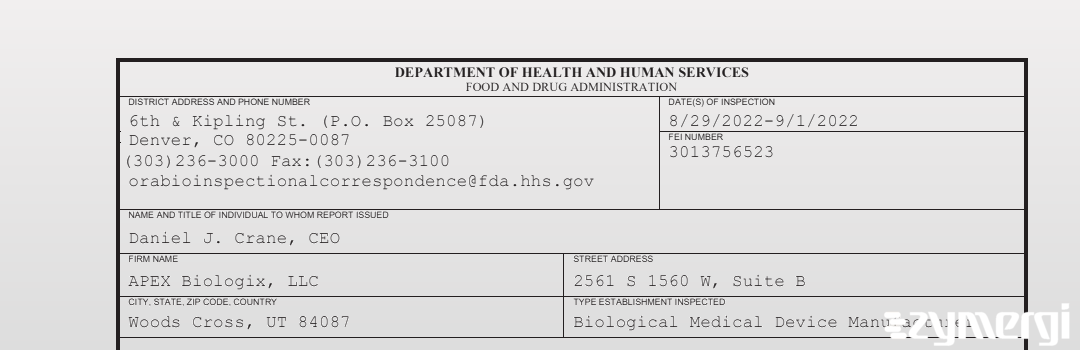 FDANews 483 APEX Biologix, LLC Sep 1 2022 top