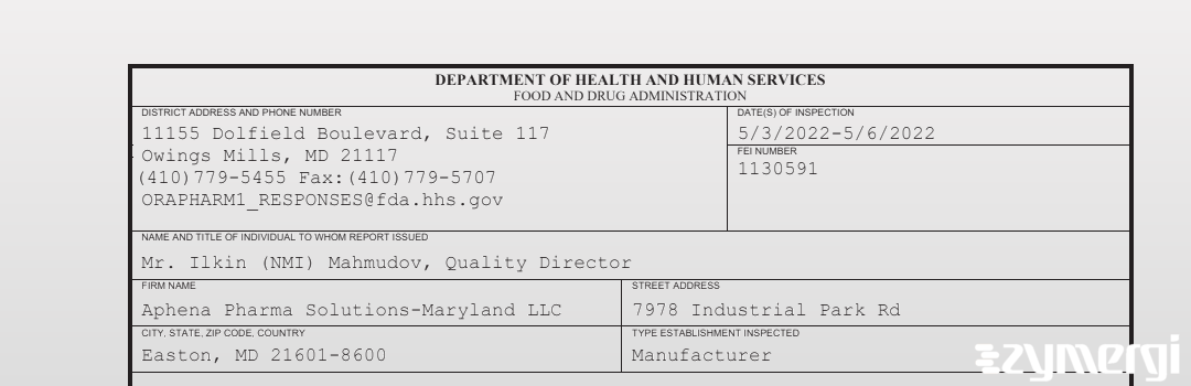 FDANews 483 Aphena Pharma Solutions-Maryland LLC May 6 2022 top