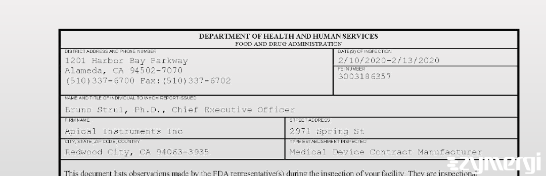 FDANews 483 Apical Instruments Inc Feb 13 2020 top