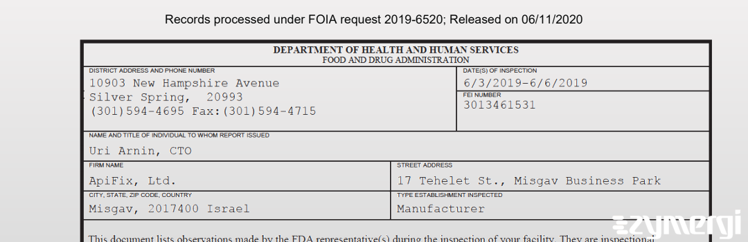 FDANews 483 ApiFix, Ltd. Jun 6 2019 top