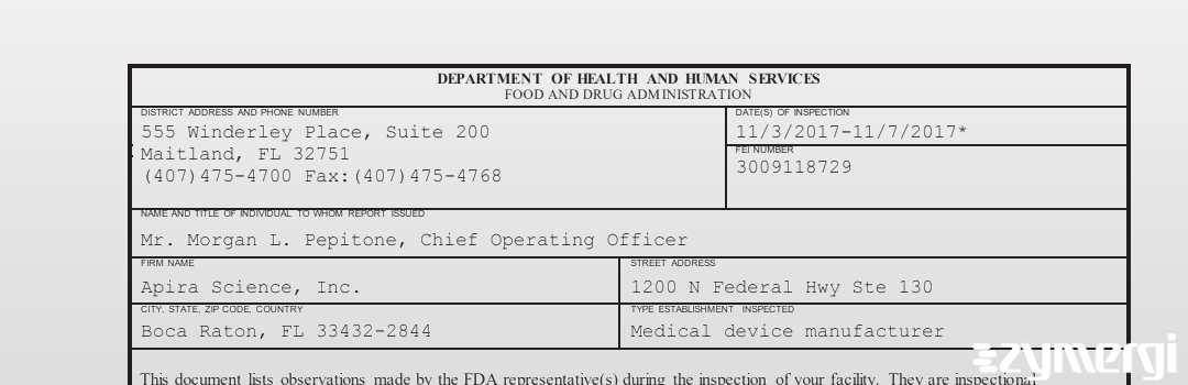 FDANews 483 Apira Science, Inc. Nov 7 2017 top