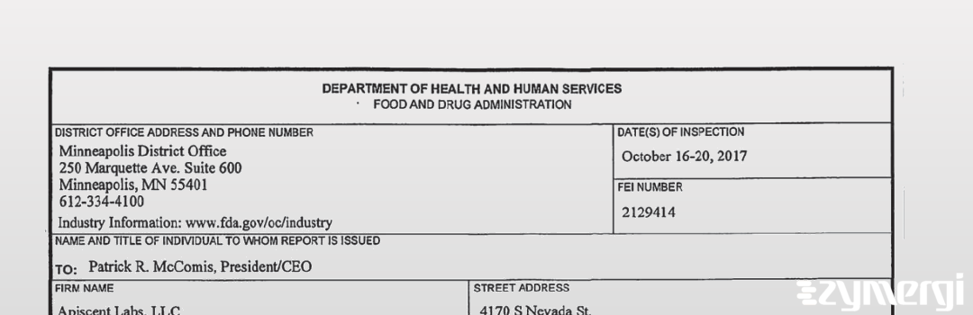 FDANews 483 Apiscent Labs, LLC Oct 20 2017 top