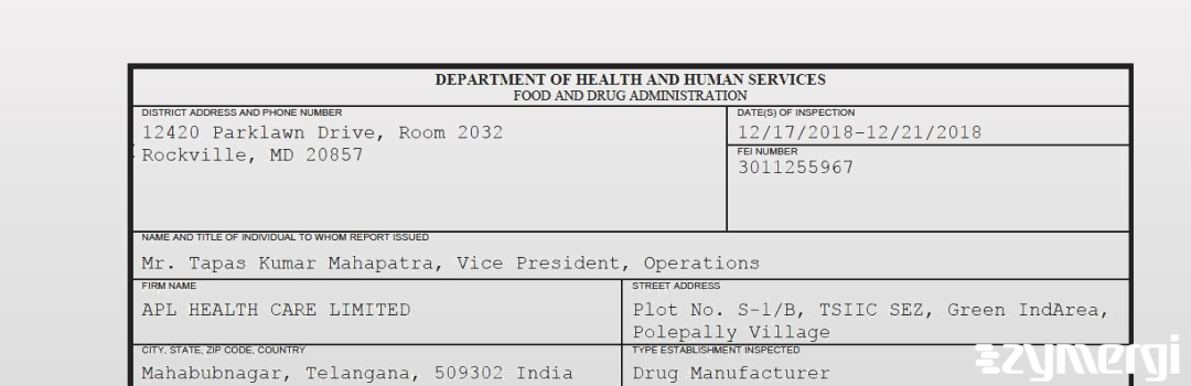 FDANews 483 APL HEALTH CARE LIMITED Dec 21 2018 top