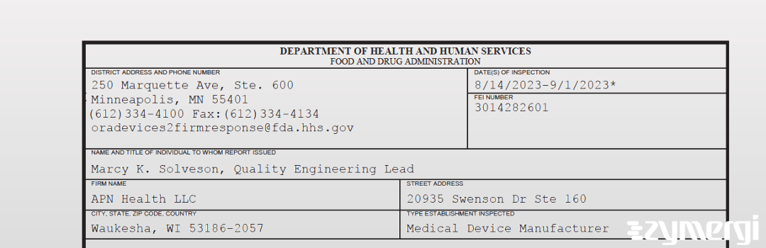 FDANews 483 APN Health LLC Sep 1 2023 top