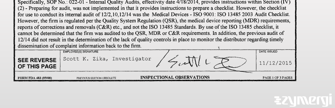 Scott K. Zika FDA Investigator 