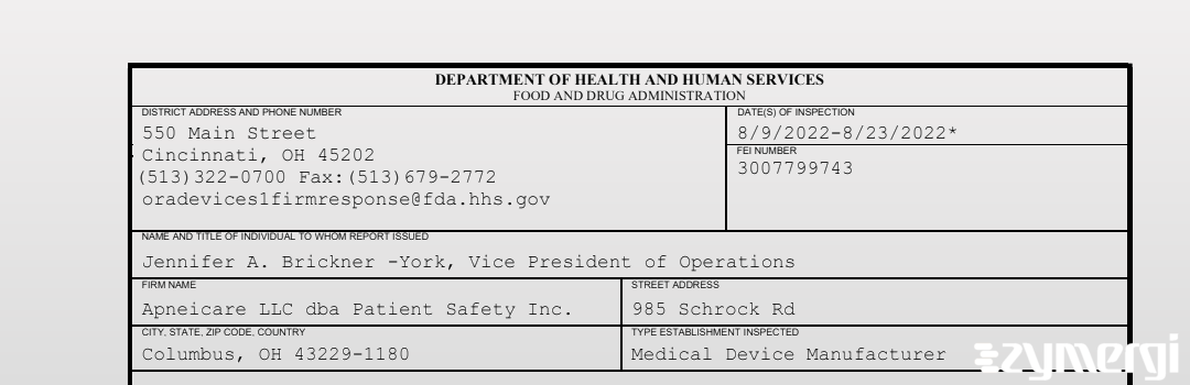 FDANews 483 Apneicare LLC dba Patient Safety Inc. Aug 23 2022 top