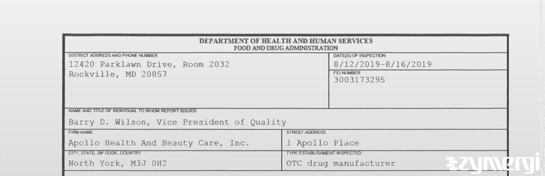 FDANews 483 Apollo Health And Beauty Care, Inc. Aug 16 2019 top