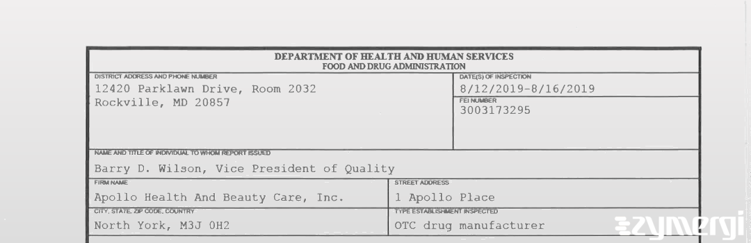 FDANews 483 Apollo Health And Beauty Care, Inc. Aug 16 2019 top