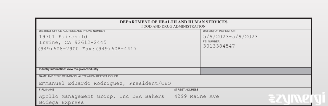 FDANews 483 Apollo Management Group, Inc DBA Bakers Bodega Express May 9 2023 top