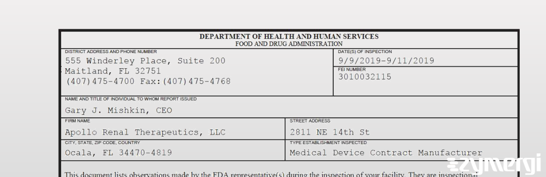 FDANews 483 Apollo Renal Therapeutics, LLC Sep 11 2019 top