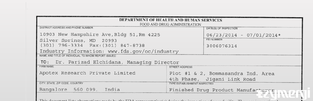 FDANews 483 Apotex Research Private Limited Jul 1 2014 top