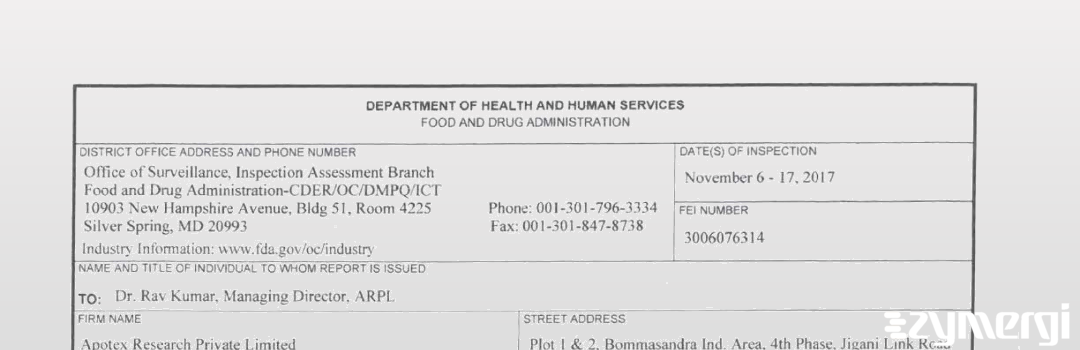 FDANews 483 Apotex Research Private Limited Nov 17 2017 top