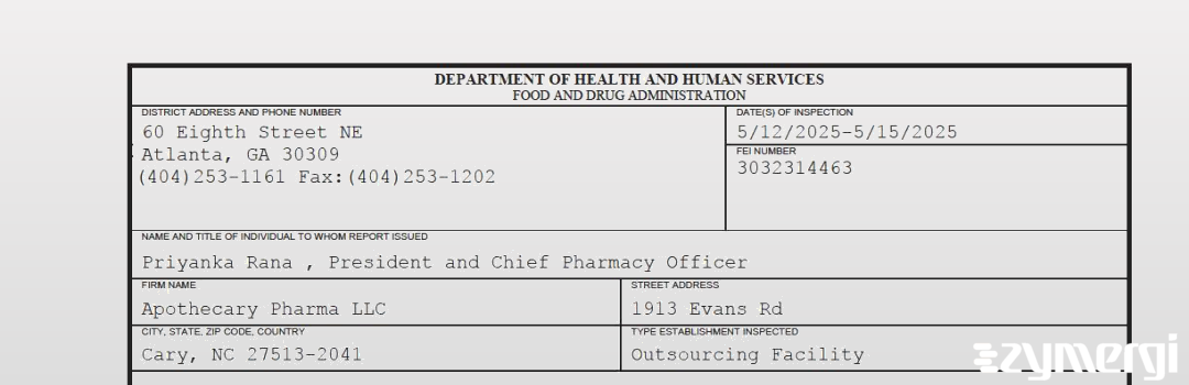FDANews 483 Apothecary Pharma LLC May 15 2025 top
