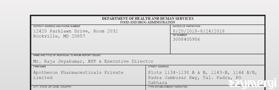 FDANews 483 Apothecon Pharmaceuticals Private Limited Aug 24 2018 top