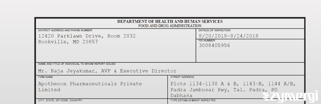 FDANews 483 Apothecon Pharmaceuticals Private Limited Aug 24 2018 top