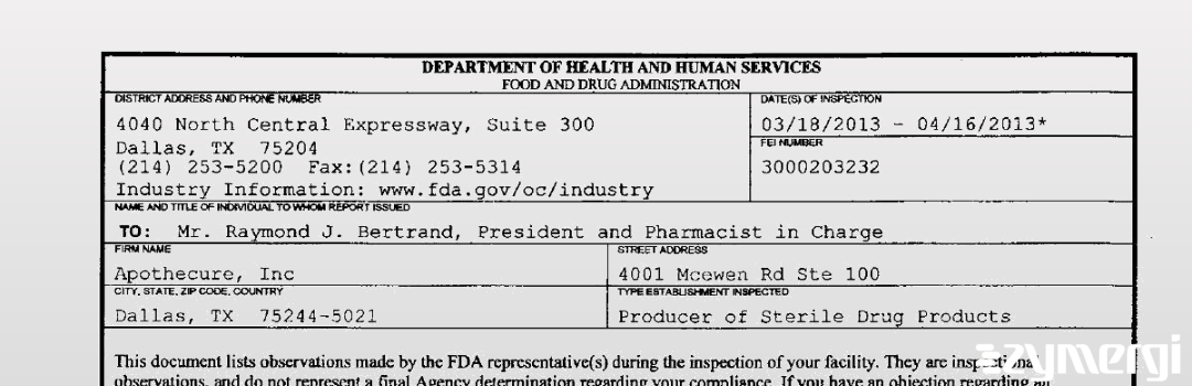 FDANews 483 Apothecure, Inc Apr 16 2013 top