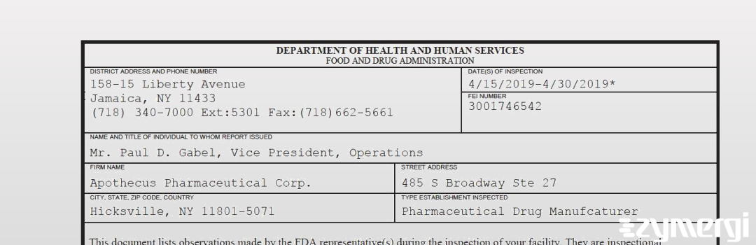 FDANews 483 Apothecus Pharmaceutical Corp. Apr 30 2019 top