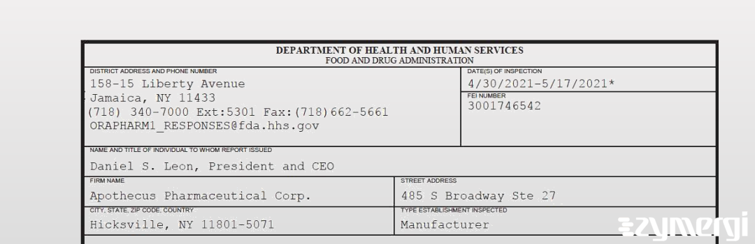 FDANews 483 Apothecus Pharmaceutical Corp. May 17 2021 top