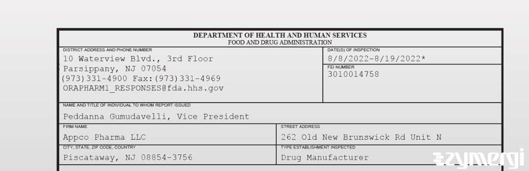 FDANews 483 Appco Pharma LLC Aug 19 2022 top