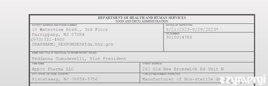 FDANews 483 Appco Pharma LLC Aug 29 2023 top