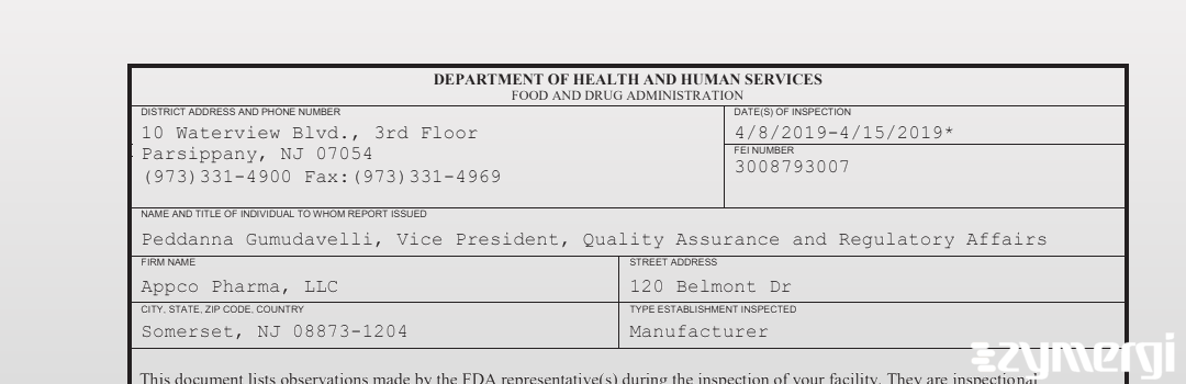 FDANews 483 Appco Pharma LLC Apr 15 2019 top