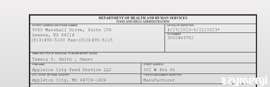 FDANews 483 Appleton City Feed Service LLC May 22 2023 top