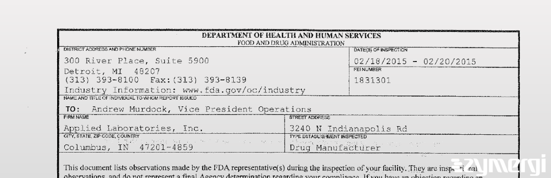 FDANews 483 Applied Laboratories, Inc. Feb 20 2015 top