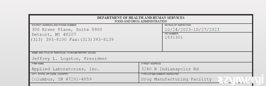 FDANews 483 Applied Laboratories, Inc. Oct 27 2023 top