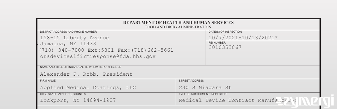 FDANews 483 Applied Medical Coatings, LLC Oct 13 2021 top