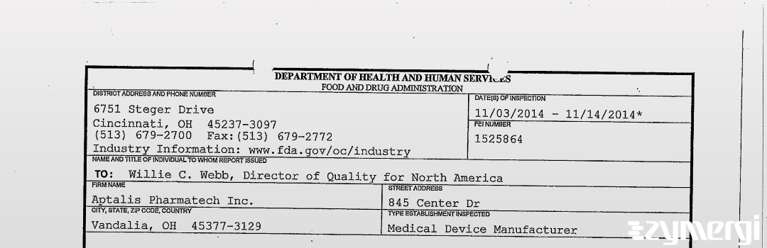 FDANews 483 Aptalis Pharmatech Inc. Nov 14 2014 top