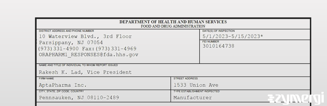 FDANews 483 AptaPharma Inc. May 15 2023 top