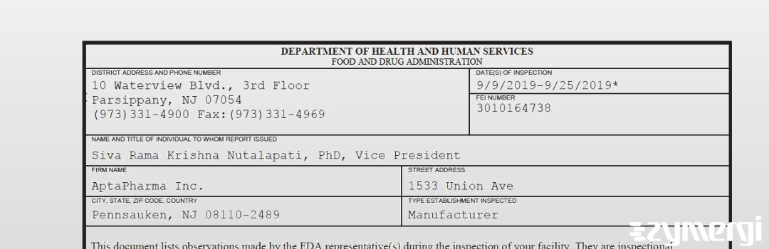 FDANews 483 AptaPharma Inc. Sep 25 2019 top