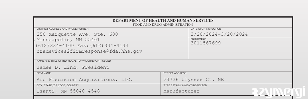 FDANews 483 Arc Precision Acquisitions, LLC. Mar 20 2024 top